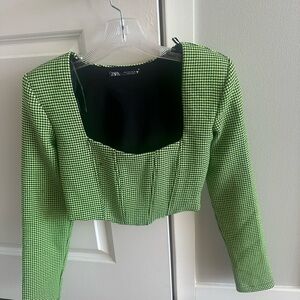 Zara Green Houndstooth Long Sleeve Top
